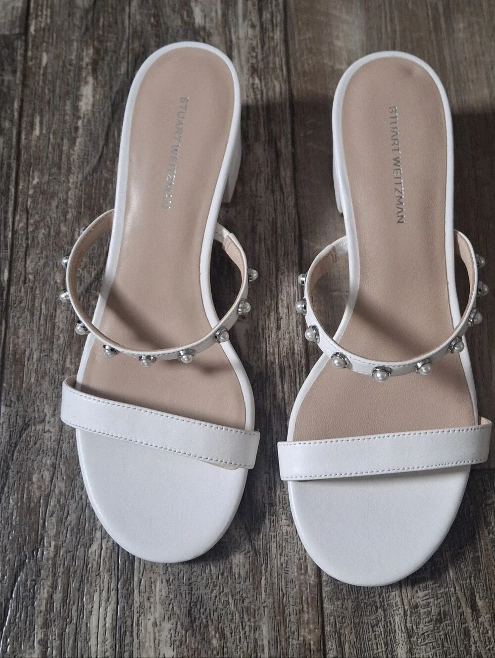 Stuart Weitzman White Embellished Slide Sandals